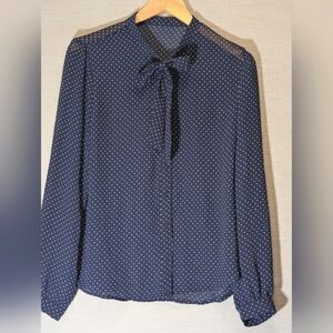 Navy Blue and White Polka Dot Chiffon Long Sleeve Top size Medium
